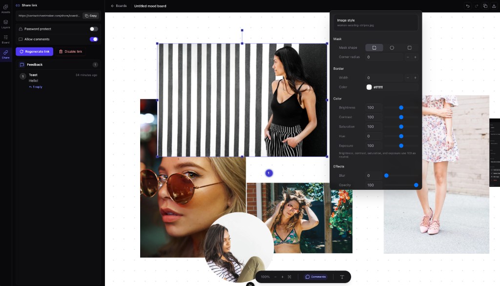 ContactSheetMaker mood board editor with shareable links, image styling, and client comments